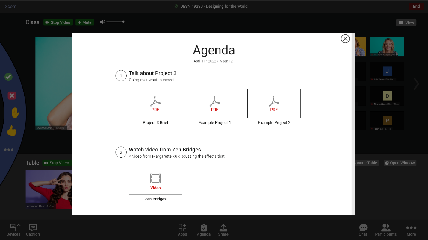 Built in agenda to application allowing students to see tasks, plan for the class, and relevant files