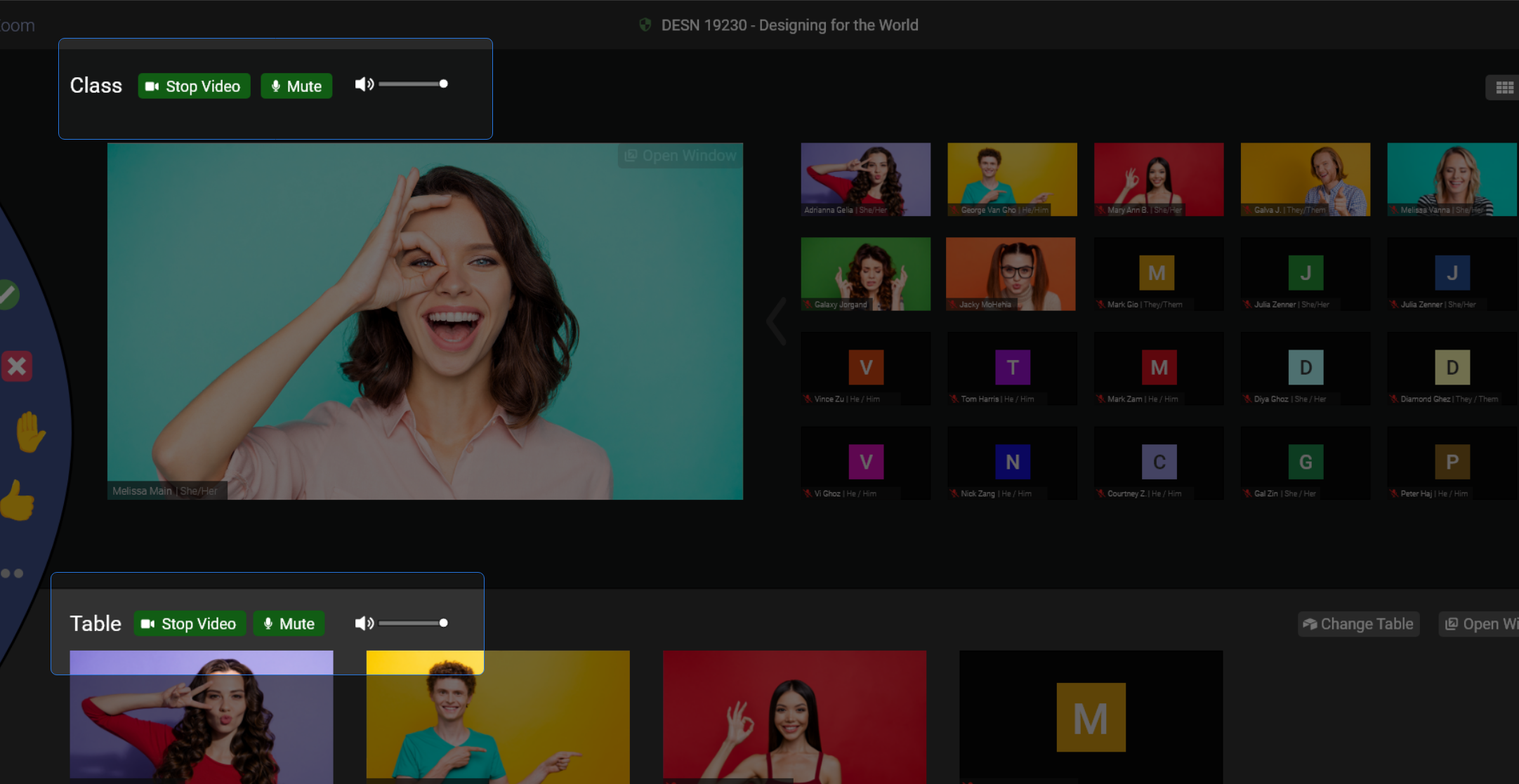 Buttons for starting and stopping audio, video and volume for both sections, class and table.