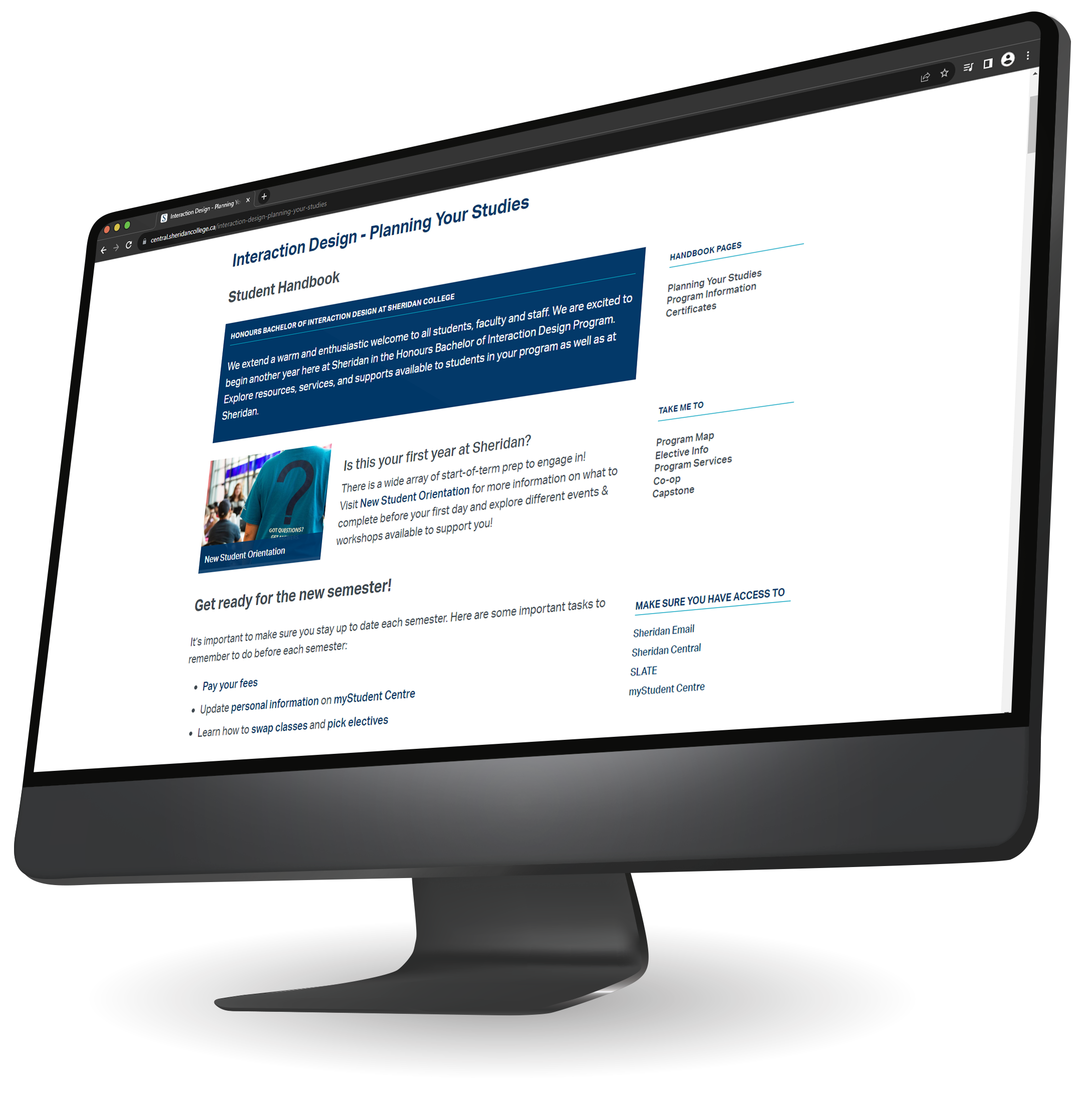 Interactive Student Handbook on desktop monitor