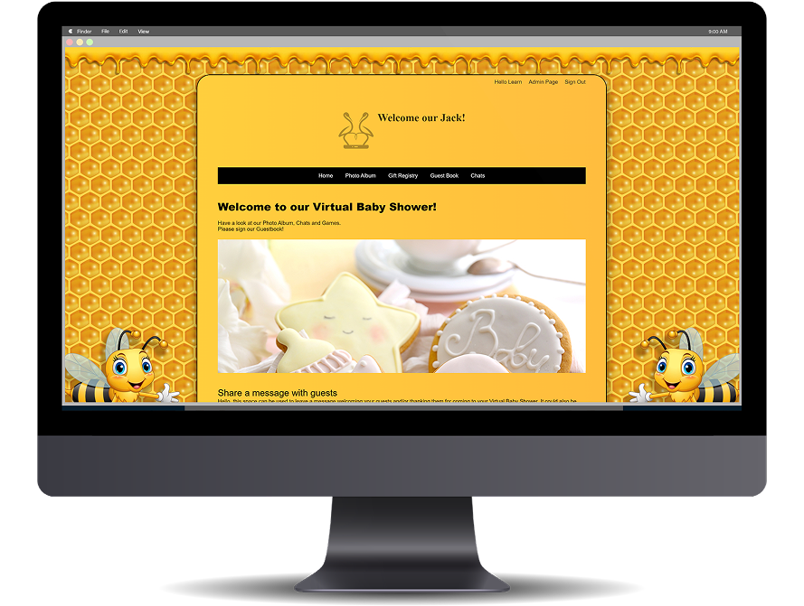 Virtual Baby Shower platform displayed on a desktop monitor